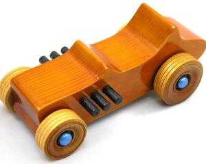 Handmade Wood Toy Car Hot Rod 1927 T-Bucket Amber Shellac Finish With Metallic Sapphire Blue and Black Trim