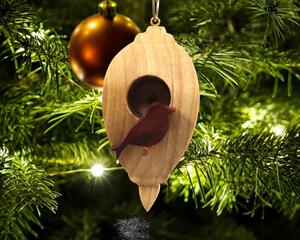 Handmade Wood Birdhouse Ornament Collectable Christmas Tree Ornament shapeed like a Christmas tree. Made from select-grade hardwoods, hand-sanded, and finished with a custom blend of oils and waxes using traditional woodworking tools.