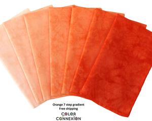 orange quilting cotton, gradient bundle of hand dyed fabric