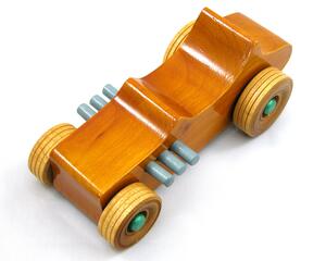Handmade wood toy car Hot Rod 1927 T-Bucket and hand finished with amber shellac with grey and metallic emerald green.