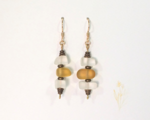 Amber and white tumbled glass earrings with brass accents and GF earwires