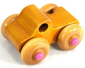 Handmade Wood Toy Pickup Truck with large wheels finished with amber shellac and pink trim. It is my Play Pal Collection's perfect push toy for small kids.