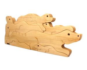 Handmade Gecko Animal Family Stacking Freestanding Puzzle made from select-grade hardwoods using traditional woodworking tools and techniques. The puzzle has been finished with durable, clear shellac. Perfect for teaching motor skills.