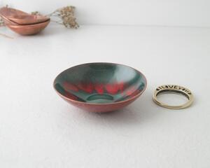 tiny copper enamel trinket dish dark teal with stenciled red leaf outline