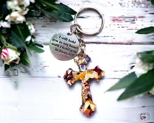 Cross Keychain made with flower petals