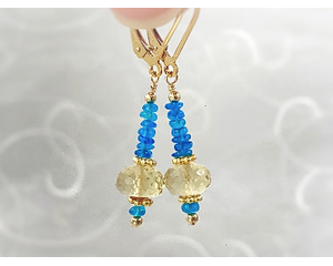 Citrine and blue apatite earrings dangle from 14K gold filled lever backs by MariesGems.
