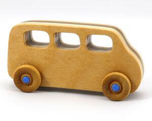 Handmade wood toy minivan made by me in my shop using traditional woodworking tools. It is hand finished with clear shellac with metallic sapphire blue acrylic paint.