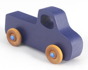 Handmade wooden toy pickup truck handmade and painted navy blue with amber shellac wheels and metallic sapphire blue trim. It's a little blue truck from my Play Pal Collection.