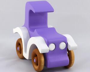 A handmade wooden toy car vintage style coupe painted nontoxic purple and white with spoked wheels finished with nonmarring amber shellac, from my  Bad Bob's Custom Motors Collection.