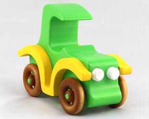 A handmade wooden toy car vintage style coupe painted nontoxic bright green and yellow with spoked wheels finished with nonmarring amber shellac, from my  Bad Bob's Custom Motors Collection.