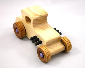 Handmade wooden toy car Hot Rod '27 T-Coupe handmade and finished with nontoxic amber shellac with metallic purple and black trim. From my Hot Rod Collection.