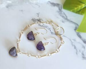 Amethyst Gold Colored Sterling Silver Bracelet and Earrings Jewelry Set