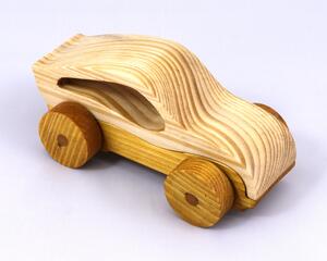 Handmade wooden toy car, two-tone clear and amber shellac finish. Part of my Speedy Wheels Collection.