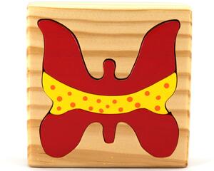 A wooden three-piece butterfly tray puzzle, handmade and finished. The butterfly is painted bright red and yellow with orange spots. The wooden tray is finished with clear shellac. It is one of four puzzles in my Puzzle Pals Collection.