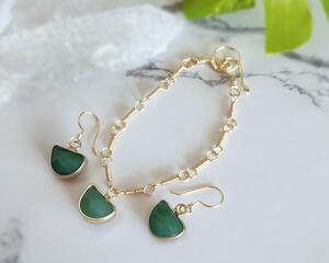 Green Aventurine Gold Colored Sterling Silver Earrings and Bracelet Jewelry Set