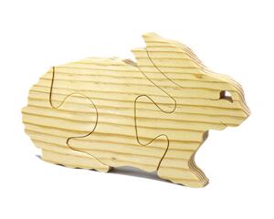 A handmade wooden three-part bunny rabbit puzzle is perfect for young children.