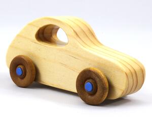 Handmade Wood Toy Car Finished with Clear Shellac and Metallic Blue Acrylic Paint, Classic 1957 Bug From My Play Pal Collection
