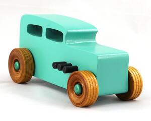 Handmade wooden toy car based on a 1932 Hot Rod Sedan painted  Turquoise with Metallic Green and Black trim. It has nonmarring Amber Shellac Wheels.