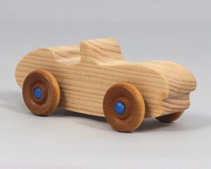 Handmade wooden toy car convertible sports coupe with a nontoxic satin polyethylene finish, amber shellac wheels, and metallic sapphire blue trim.