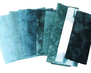 shades of teal quilting cotton, hand dyed small cut bundle, suitable for quilting and crafting