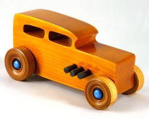 Handmade Wood Toy Car Hot Rod 1932 Sedan Finished With Amber Shellac And Trimmed With Metallic Saphire Blue And Black Acrylic Paint From My Hot Rod Collection