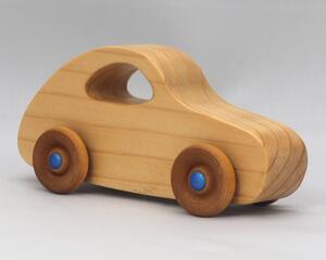Handmade Wood Toy Car Finished With Clear And Amber Shellac And Metallic Sapphire Blue Acrylic Paint From The Play Pal Collection