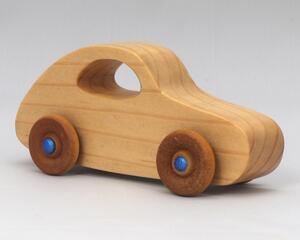 Handmade Wood Toy Car Hand Finished With Clear And Amber Shellac And Trimmed With Metallic Saphire Blue Acrylic Paint
