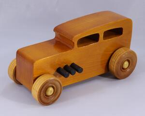 Handmade Wood Toy Car '32 Sedan Hot Rod Finished with Amber Shellac With Metallic Gold And Black Acrylic Paint Trim