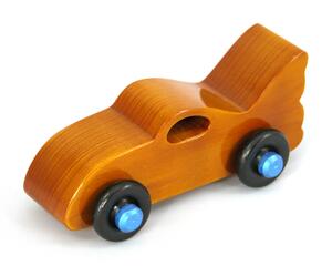 Handmade Wood Toy Bat Car Batmobile Hand Finished With Amber Shellac With Black And Metallic Sapphire Blue Acrylic Paint Trim