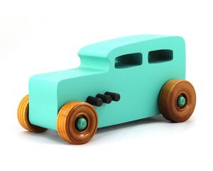Handmade Wood Toy Car Hot Rod 1932 Sedan Painted With Turquoise, Metallic Emerald Green, and Black Acrylic Paint. The Wheels Are Finished with Nonmarring Amber Shellac.
