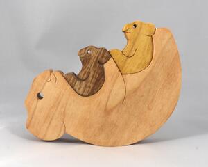 Handmade wooden puzzle featuring a family of koalas, including a mom and two joeys, that can be stacked or displayed freestanding as a toy animal.
