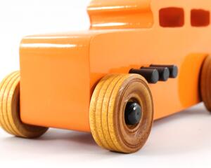 Handmade wooden toy car: hot rod '32 Sedan painted in high gloss Pumpkin Orange with black trim and non-marring amber shellac wheels.