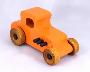Handmade Wood Toy Car Hot Rod '27 T-Coupe Finished with Pumpkin Orange and Black Acrylic Paint and Amber Shellac