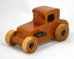 Wood Toy Car Hot Rod '27 T-Coupe Handmade and Finished with Multiple Coats Of Amber Shellac And Trimmed With Black Acrylic Paint.