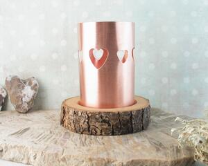 Scandanavian style heart-pierced copper chimney tea light candle holder on live-edge wooden base cut from tree limb. comes with flameless tealight candle.