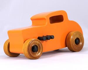 Handmade Wood Toy Car, Hot Rod '32 Deuce Coupe, Painted High Gloss Pumpkin Orange and trimmed with Black Acrylic Paint and Nonmaring Amber Shellac Finished Wheels