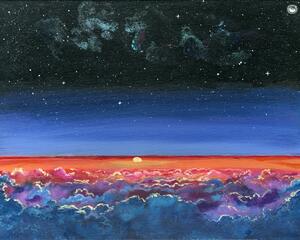 Above The Clouds is a beautiful landscape high up in the atmosphere. A sunset above lights up colorful clouds. A closer look in the sky you can see two dragons.