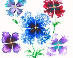 Beautiful flowers that resemble pansies. Done in the pour paint technique the center flower has lacey petals.