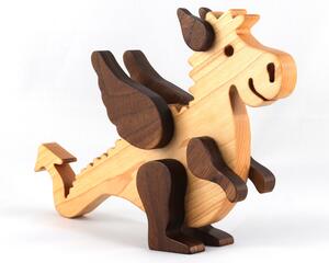 Handmade wood baby dragon fantasy animal figurine made from select grade contrasting hardwoods and hand finished with a durable custom blend of mineral oil and waxes.