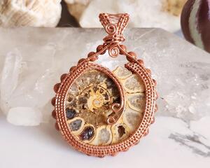 Ammonite and Goldstone Copper Wire Wrapped Pendant
