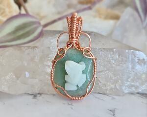 Green Aventurine and Quartz Carved Frog and Lily Pad Copper Wire Wrapped Gemstone Pendant