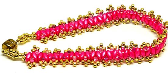 Think Pink Cancer Awareness Gold Double Picot Superduo Bracelet