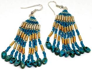 Turquoise Silver Magatama Fringe Earrings