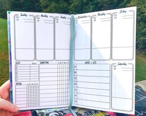 The week page of a symptom journal is shown. It has 6 boxes at the top and 1 below on the right, each is a day of the week. The boxes take up half the page vertically they have a line towards the bottom. Below on the left is a sleep, meds, and symptom tracker. Each has space for each day of the week. The med box has space 7 meds and 2 checkboxes per day. The symptom box has 10 slots. On the right is a what I ate box which is divided into writing slots for each day