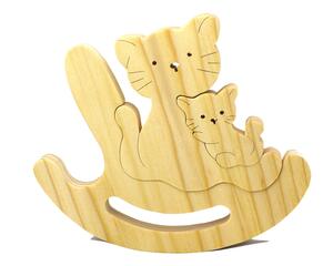 Handmade Wood Puzzle featuring Moma Cat and Baby Kitten in a Rocker, a simple three-part design crafted with traditional woodworking tools. Smoothly sanded and finished with a blend of mineral oil and beeswax for a lustrous touch. Carefully assembled and tested for quality. Made to order with a commitment to artisanal excellence.