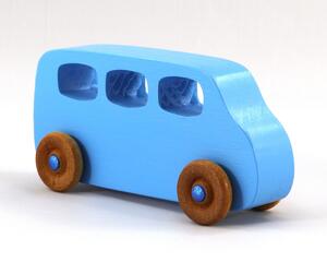 A Handmade wood toy mini van hand-painted baby blue with metallic sapphire blue trim and wheels finished with nonmarring amber shellac from my Play Pall Collection.