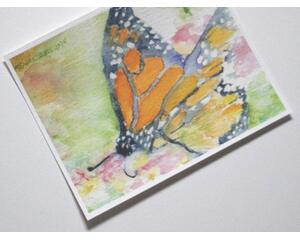 Monarch butterfly watercolor printed on textured, acid free art paper.   Horizontally formatted. Vibrantly colored.
