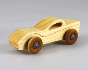 Handmade Wood Toy Car Hand FInished with a Custom Blend of Mineral Oil and Waxes, Amber Shellac, and Metallic Sapphire Blue Acrylic Paint Trim Itty Bitty Vett From My Itty Bitty Car Collection.