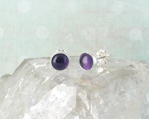 Simple gemstone stud earrings, 6mm round smooth Amethyst gemstone set in 999 fine silver bezel cup, 925 sterling silver post and butterfly earnut