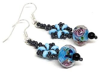 Turquoise Black Rose Flower Earrings